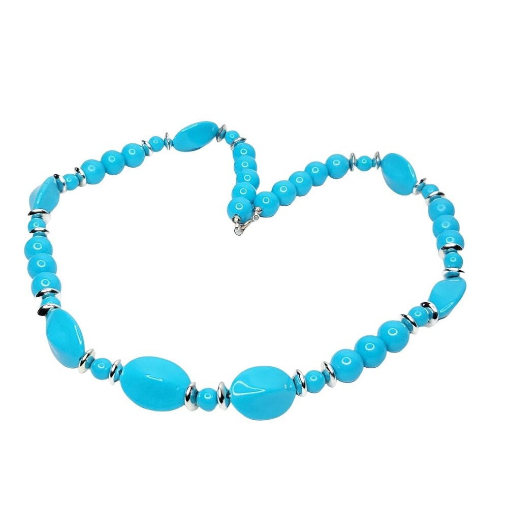 Vintage Beaded Necklace Blue Acrylic Silver Tone Round Oblong 23"